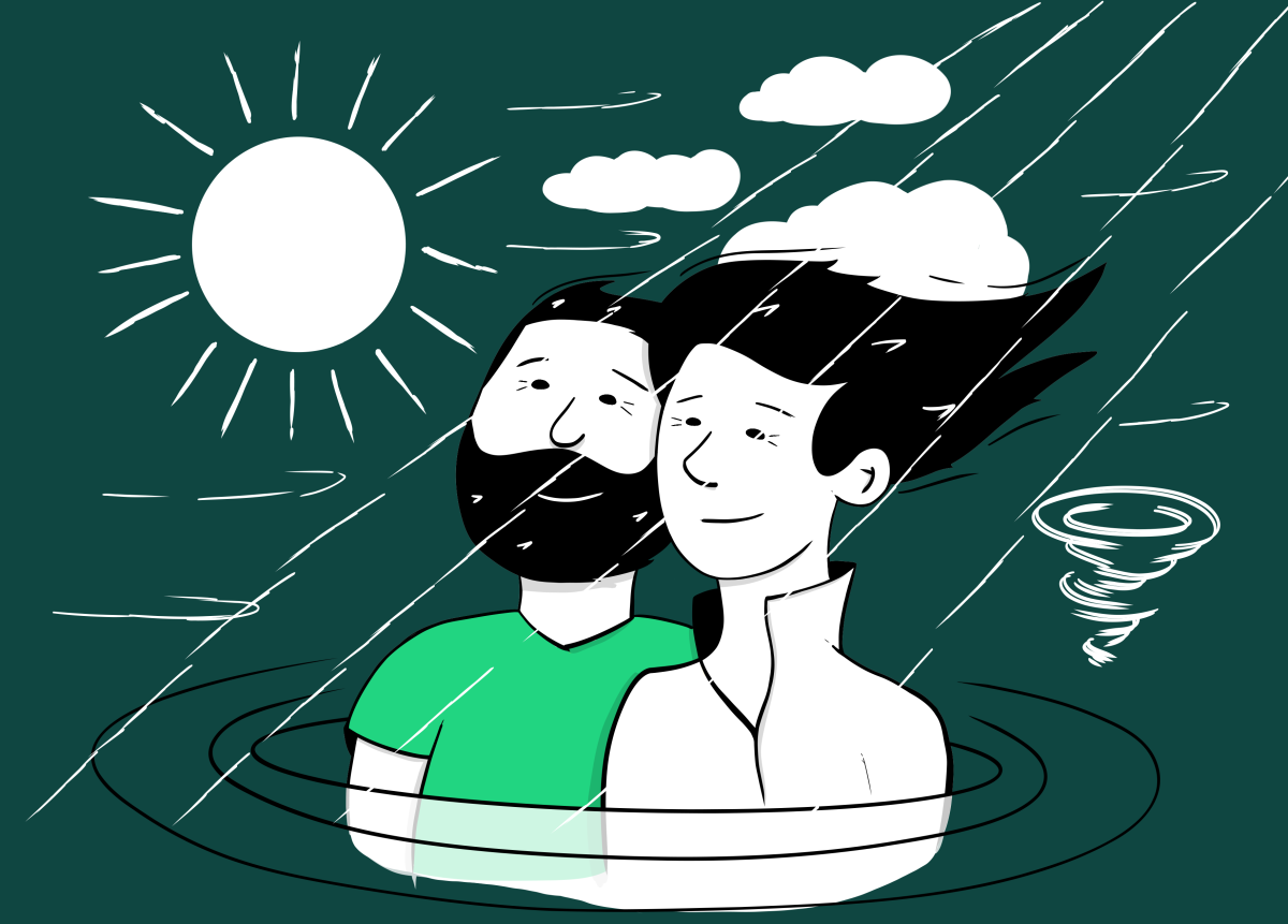 Grafik mit zwei Personen, Sonne und Regen