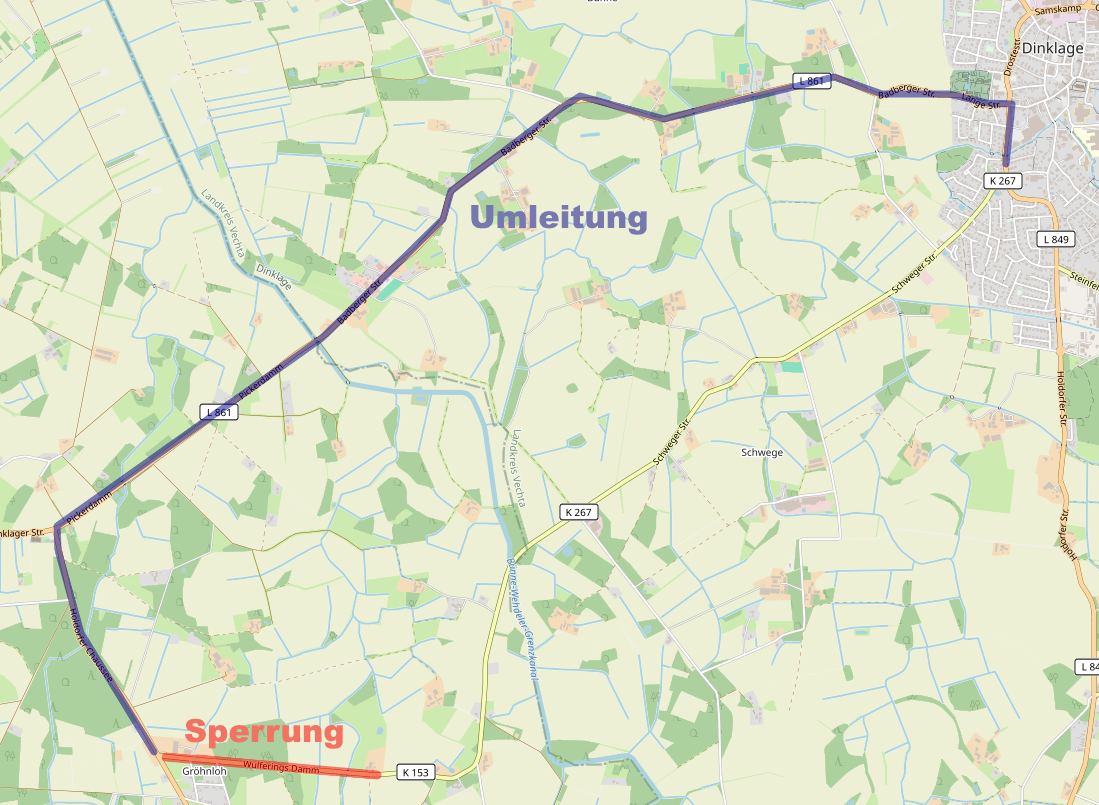 K153 Badbergen Kartenausschnitt K153 mit Sperrung und Umleitung
