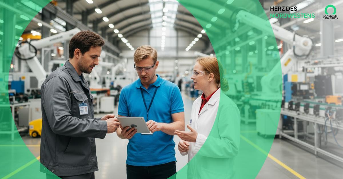 Drei Personen in einer Werkhalle