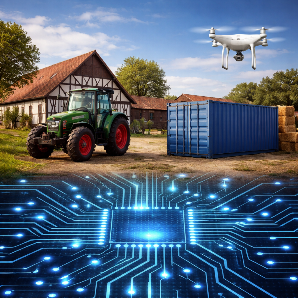 KI-Bildmontage mit Bauernhof, Traktor und Drohne