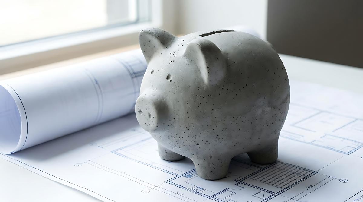 graues Sparschwein steht auf einer Bauzeichnung