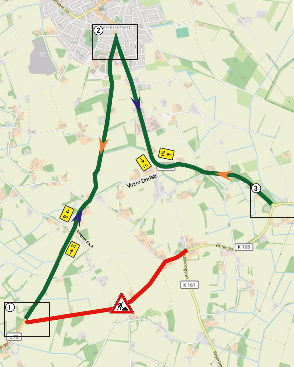 Straßenkarte K103 Neuenkirchen mit Sperrung und Umleitung
