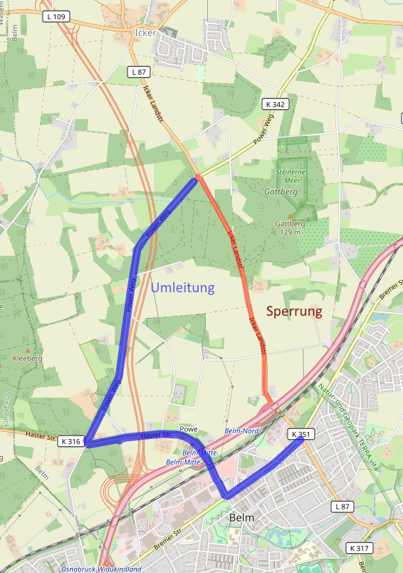 Straßenkarte mit Sperrung und Umleitung