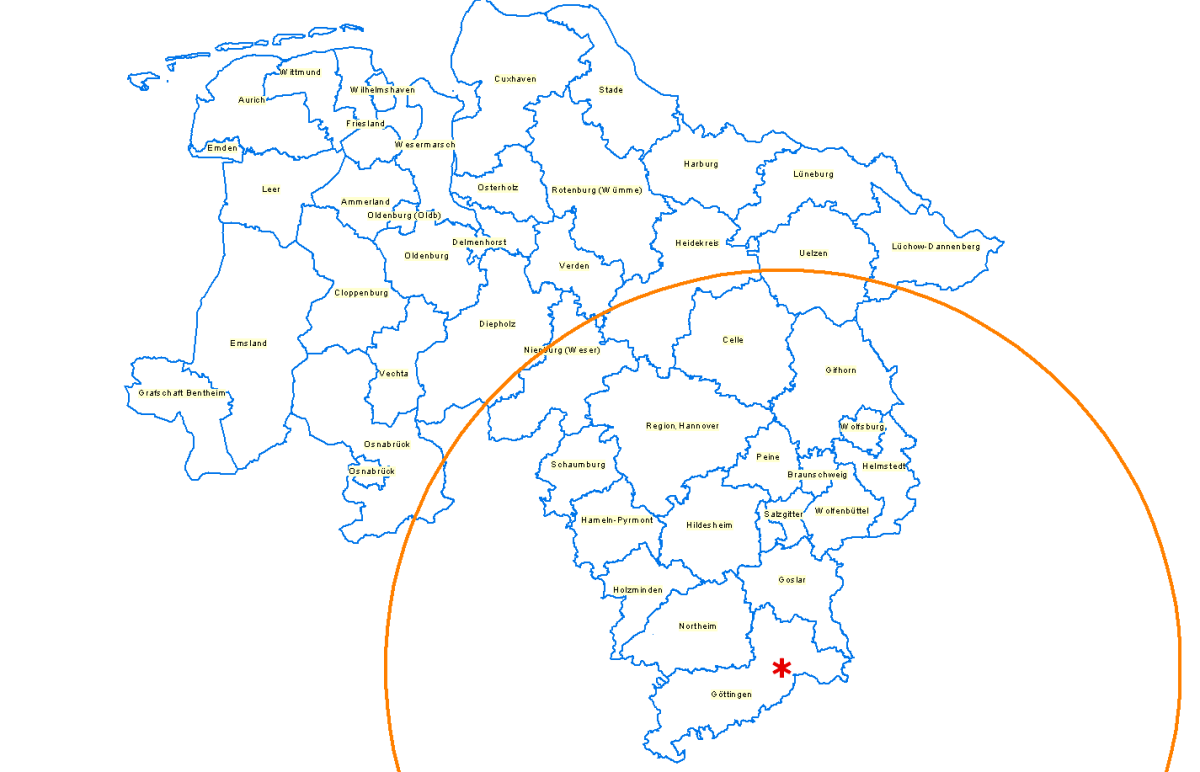 Karte von Niedersachsen mit Radius um Seuchenausbruchort