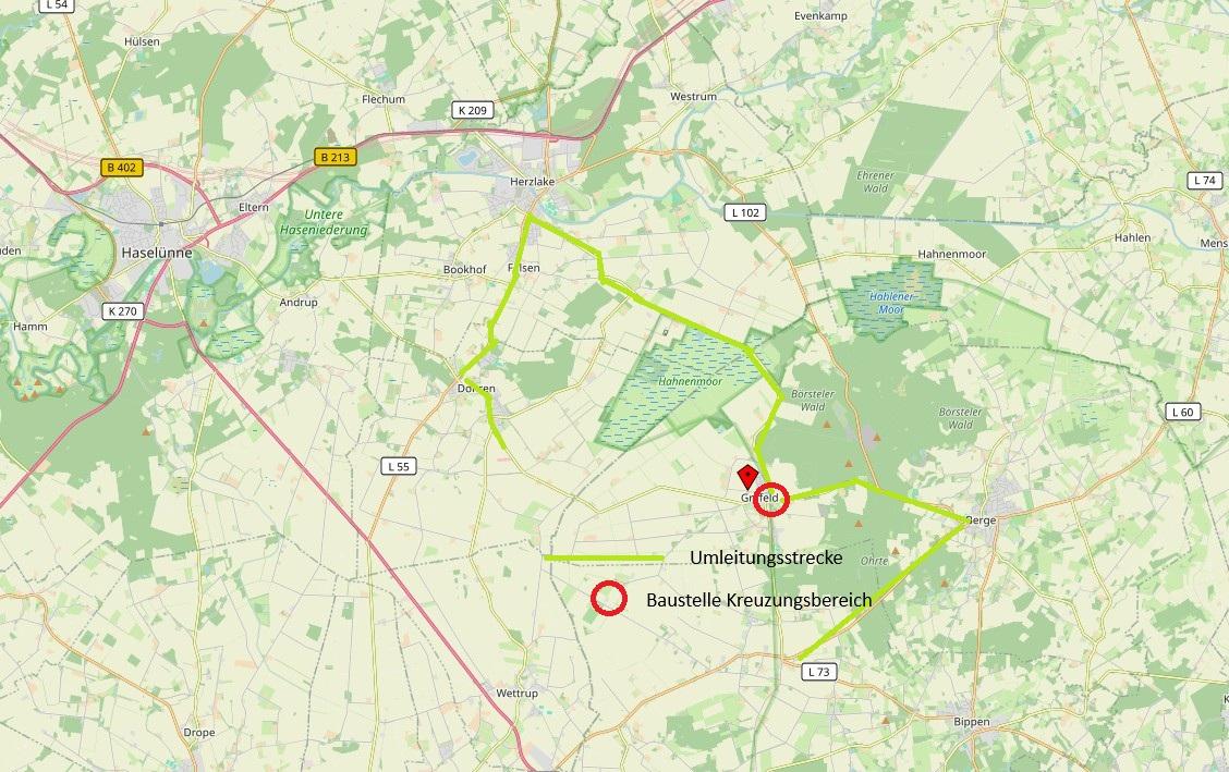 Straßenkarte mit eingezeichneter Umleitung