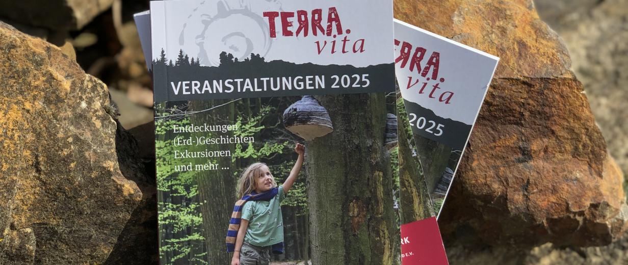 Eine Broschüre steht auf Natursteinen.