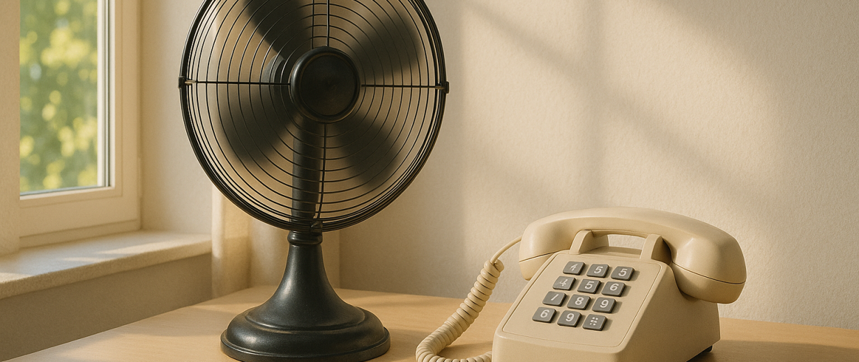 Ein Ventilator und ein Telefon stehen auf einem Tisch.