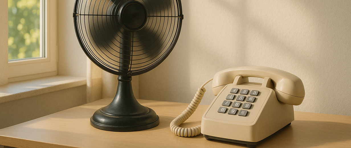 Hitzetelefon Ein Ventilator und ein Telefon stehen auf einem Tisch.