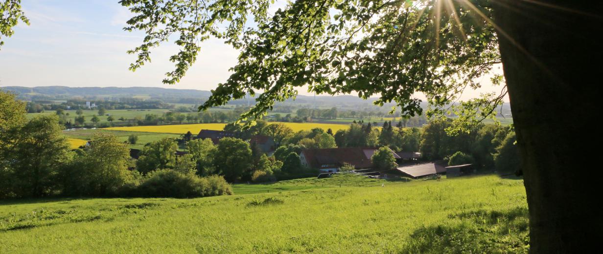 Landschaft mit Haus und Sonne