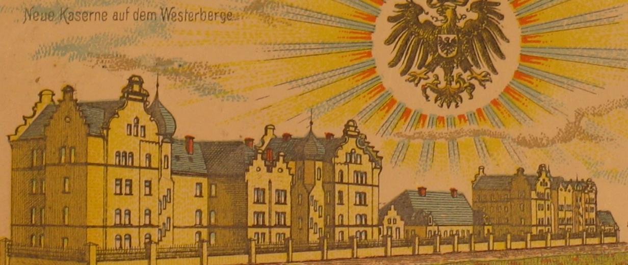Historische Postkarte mit Zeichnung einer Kaserne
