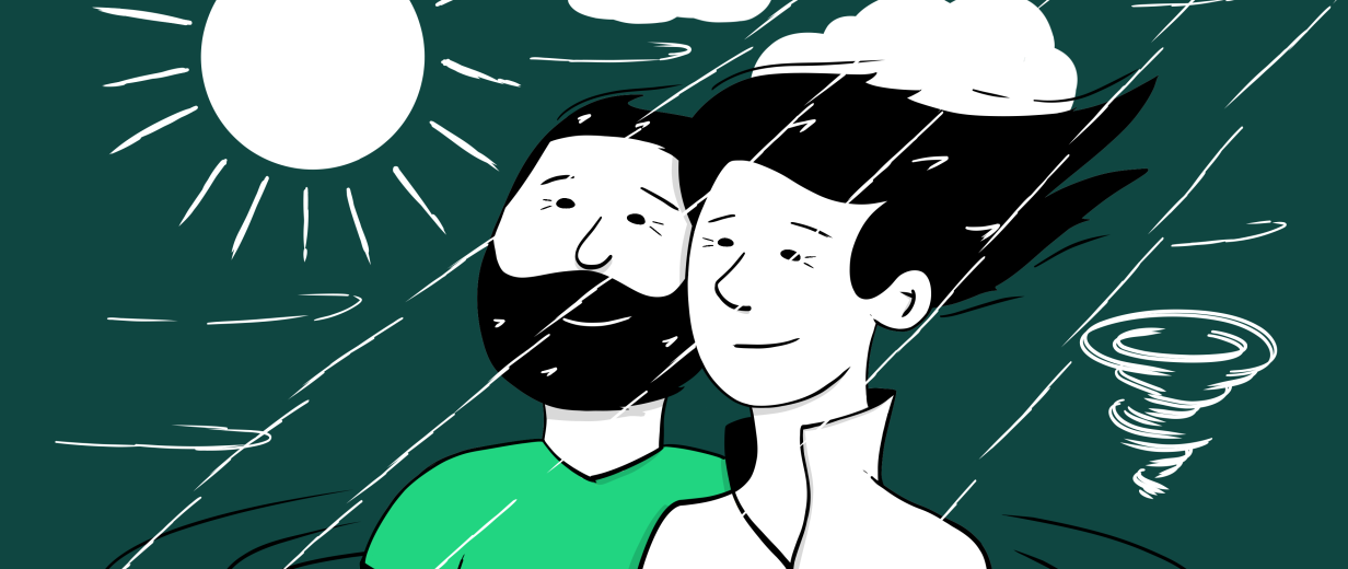 Grafik mit zwei Personen, Sonne und Regen