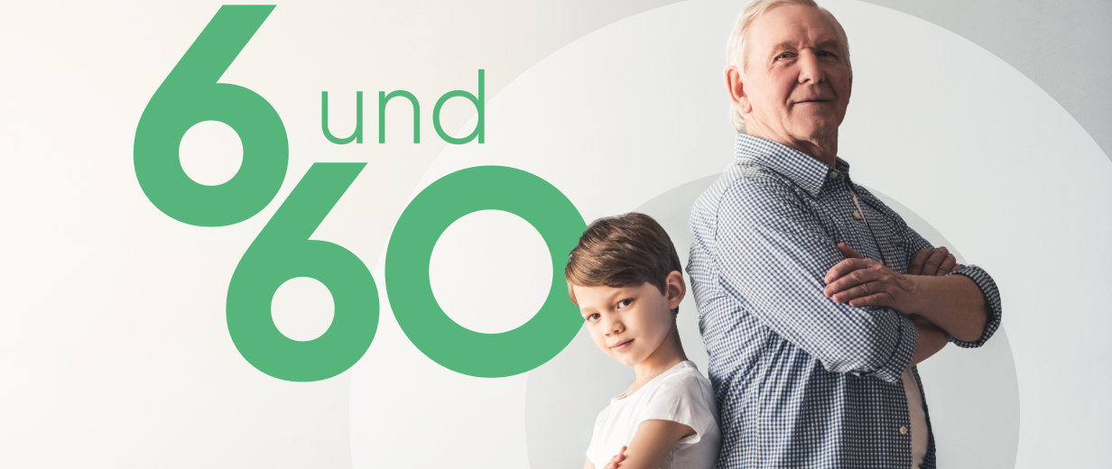 Zwei Personen stehen Rücken an Rücken, links daneben die Zahlen 6 und 60