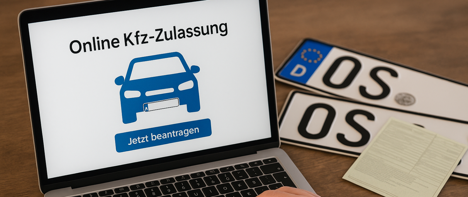 Ein Laptop und zwei Kfz-Kennzeichen auf einem Tisch