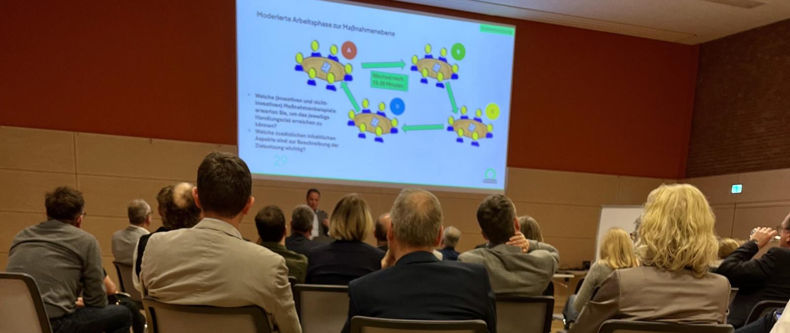 Personengruppe sitzt vor einer Projektionsfläche