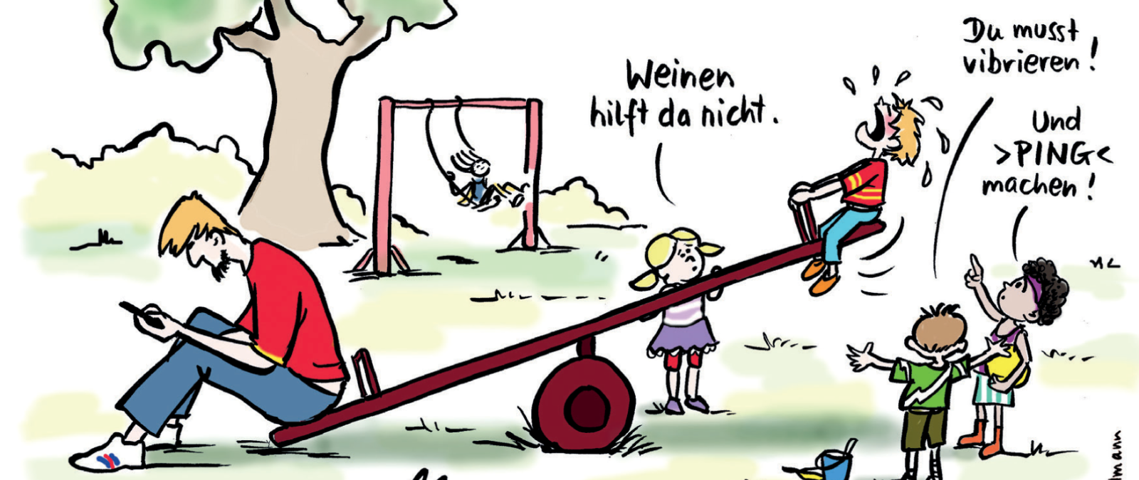 Karikatur einer Spielplatzszene mit telefonierendem Erwachsenen