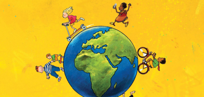farbige Zeichnung: Kinder umrunden mit Fahrrad und Roller den Globus