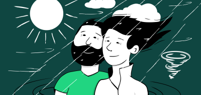 Grafik mit zwei Personen, Sonne und Regen