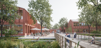 Blick auf einen Schulhof mit Personen.