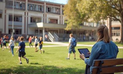 Blick auf einen Schulhof mit Personen.