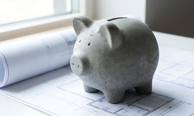 graues Sparschwein steht auf einer Bauzeichnung