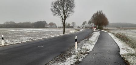 Blick auf eine Landstraße, Felder, Bäume