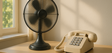 Ein Ventilator und ein Telefon stehen auf einem Tisch.