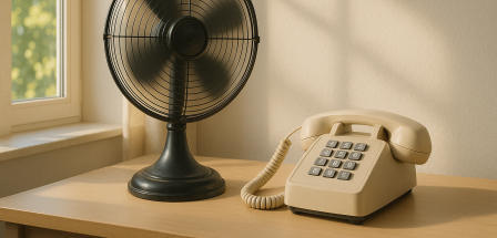 Ein Ventilator und ein Telefon stehen auf einem Tisch.