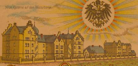 Historische Postkarte mit Zeichnung einer Kaserne