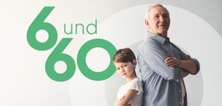 Zwei Personen stehen Rücken an Rücken, links daneben die Zahlen 6 und 60