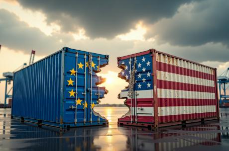Veranstaltung Verhältnis USA, Europa, Deutschland Zwei Container mit EU und USA-Flagge