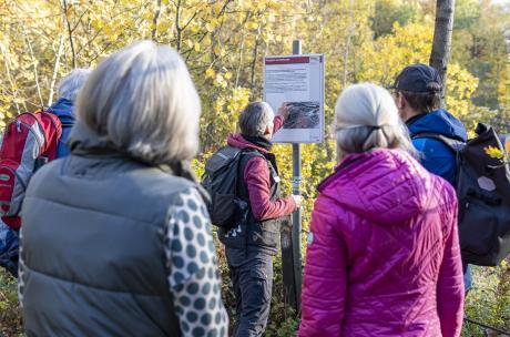 Hüggel Personengruppe vor einer Infotafel im Wald