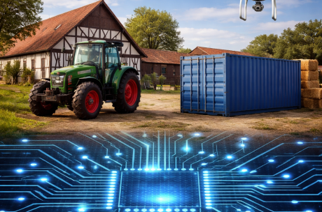 KI-Bildmontage mit Bauernhof, Traktor und Drohne