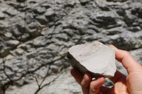 Eine Hand hält einen Stein.