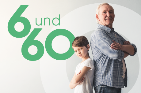 Zwei Personen stehen Rücken an Rücken, links daneben die Zahlen 6 und 60