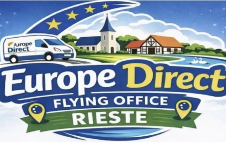 Grafische Darstellung mit Kleinbus und Dorf