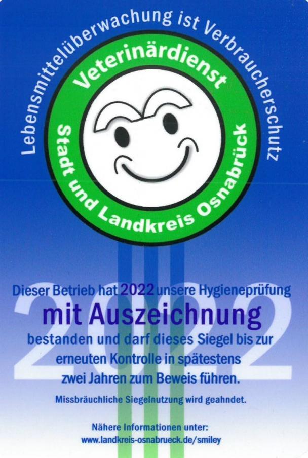 Zertifikat der Aktion Smiley  für Lebensmittelbetriebe 2022