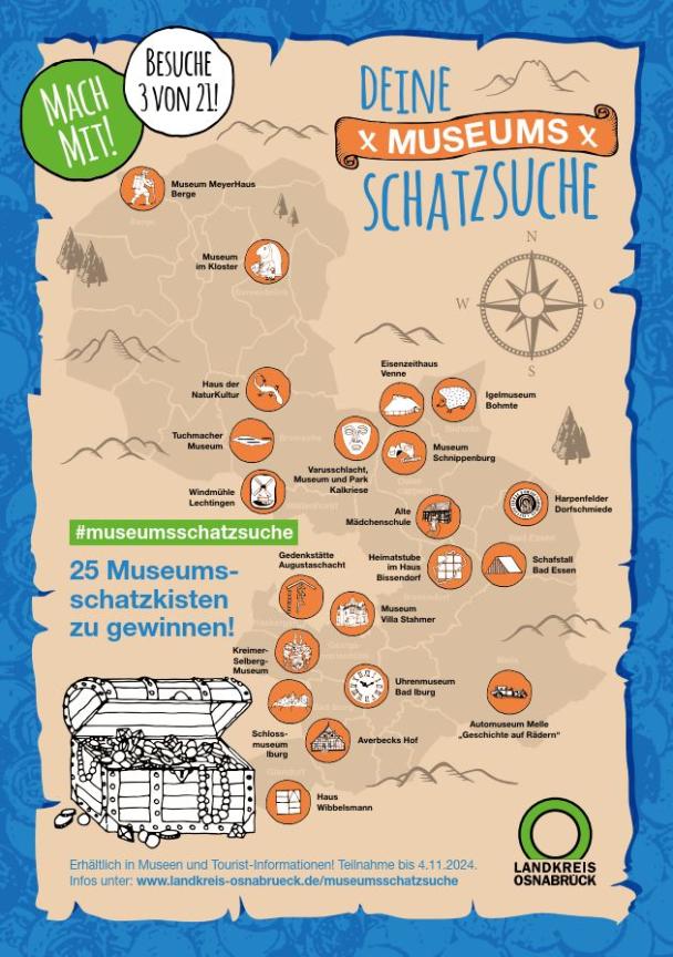 Grafik mit Landkarte des Landkreises Osnabrück im Hintergrund und grafischen Elementen der Schatzsuche im Vordergrund