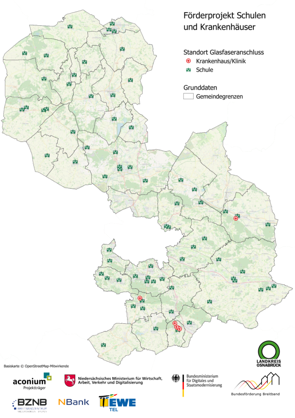 15 Jahre Breitbandausbau Karte des Landkreis Osnabrück mit Breitbandausbaugebieten