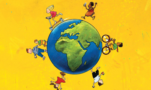 farbige Zeichnung: Kinder umrunden mit Fahrrad und Roller den Globus
