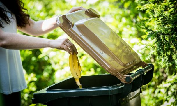 Eine Person wirft eine Bananenschale in eine Biotonne.