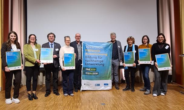 Eine Personengruppe steht vor einer Projektionsfläche.