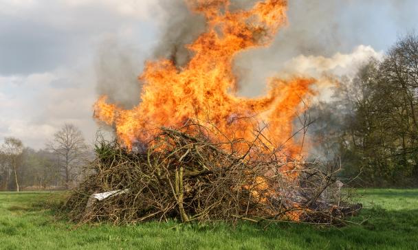 brennender Holzhaufen auf einer Wiese