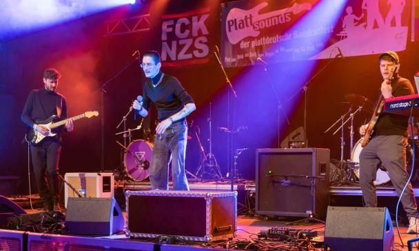 Drei Rockmusiker stehen auf einer Bühne.