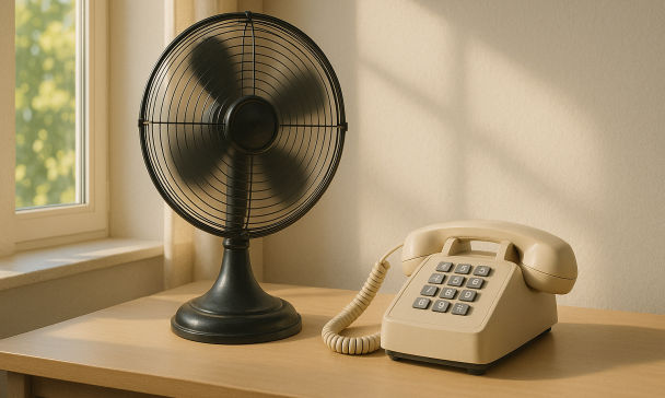 Ein Ventilator und ein Telefon stehen auf einem Tisch.