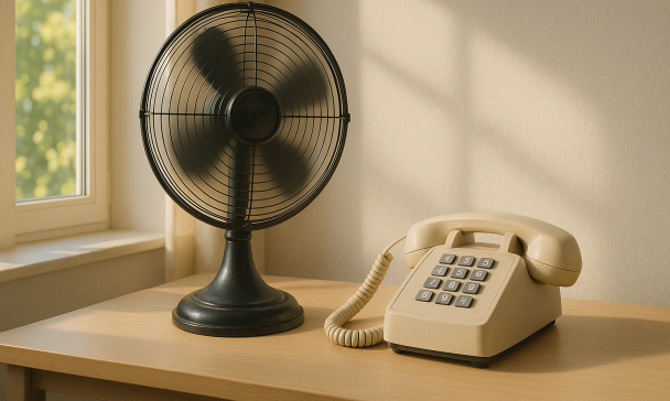 Ein Ventilator und ein Telefon stehen auf einem Tisch.