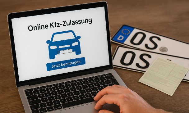 Ein Laptop und zwei Kfz-Kennzeichen auf einem Tisch
