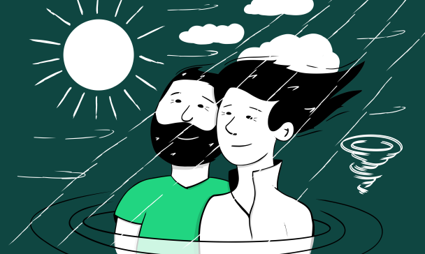 Grafik mit zwei Personen, Sonne und Regen