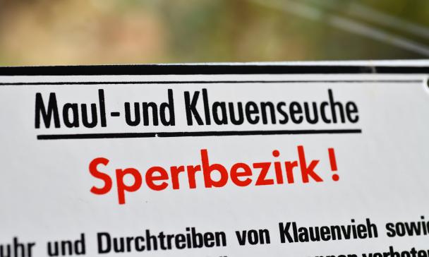 Warnschild für einen Maul- und Klauenseuche Sperrbezirk